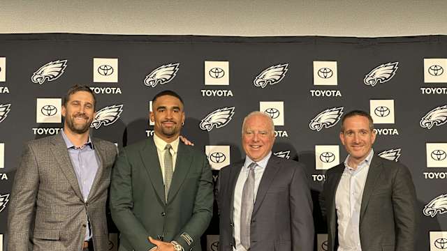 From left to right, Eagles head coach Nick Sirianni, Jalen Hurts, Jeffrey Lurie, and Howie Roseman